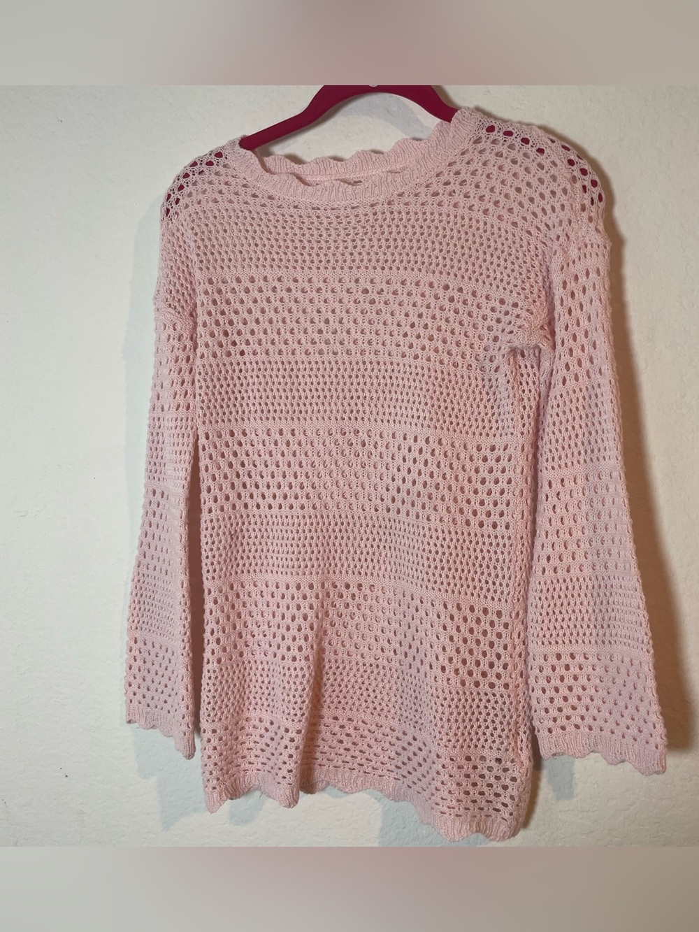 Girls Light Pink Open Knit Crochet Sweater Size 140 Long Sleeve